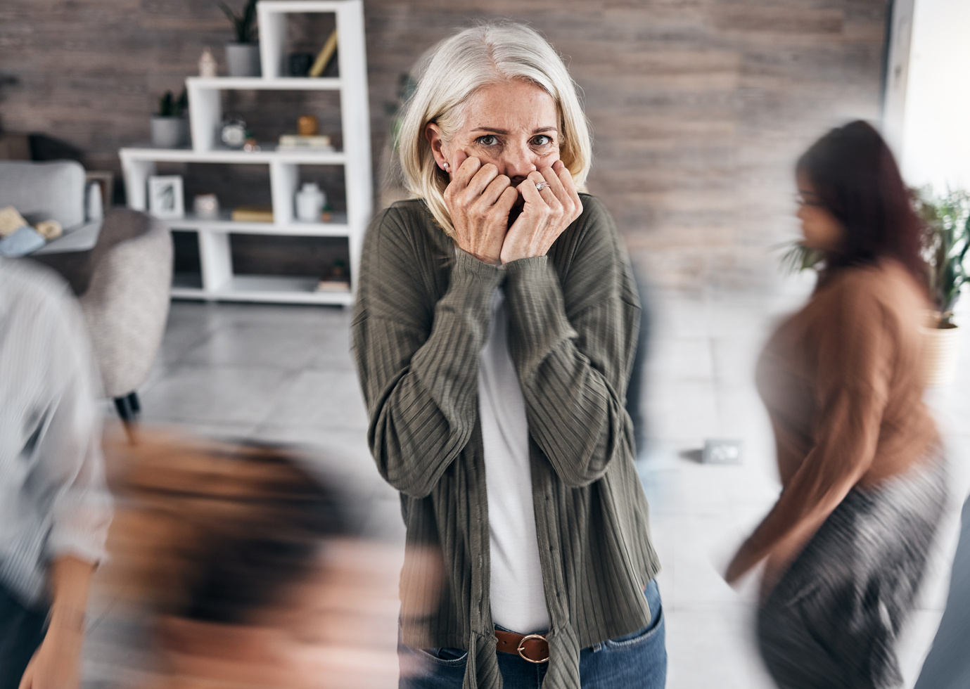 Anxiety, Schizophrenia and Woman in Mental Health Problem, Crisis and Fear in Busy Office or Workplace. Scared, Depression and Trauma of Bipolar Senior Person with Fast People, Speed or Walking Crowd